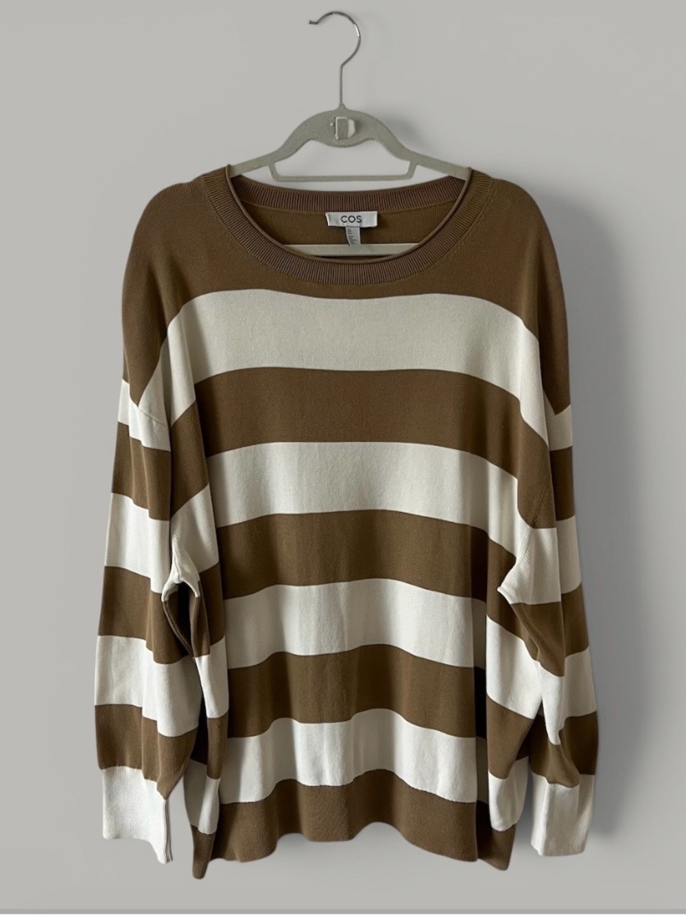 COS Oversized Striped Cotton Crewneck Sweater Brown Cream Size Large - Picture 4 of 14